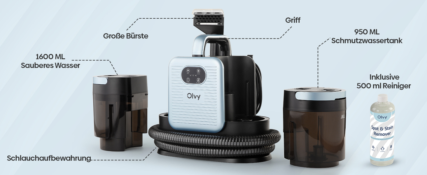 Olvy Teppichreiniger PRO: професійний пароочисник для килимів, диванів та матраців – 1650W, з миючим засобом