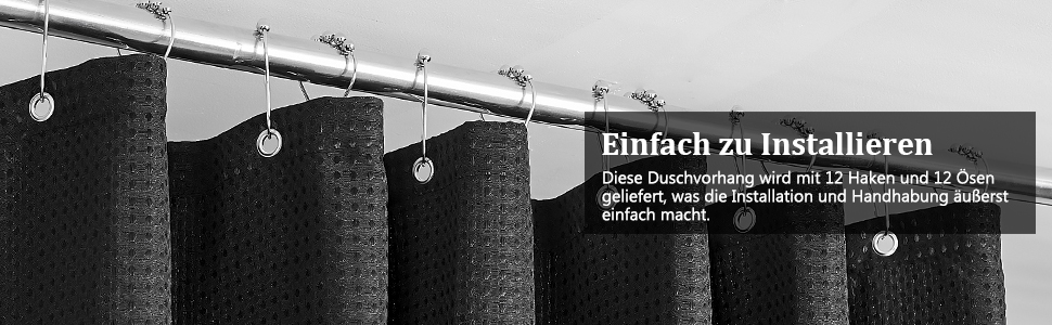 Штора для душу миюча текстильна поліестер 180x180 см чорна з кільцями (1 шт.)