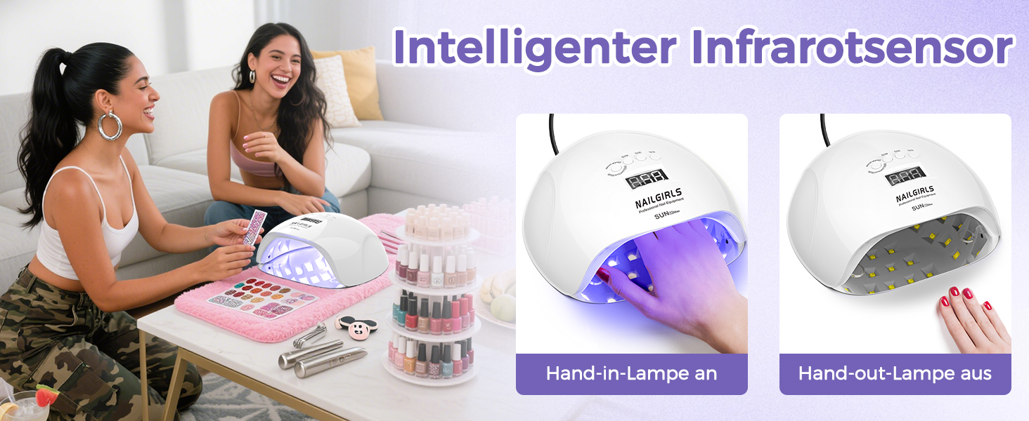 LED UV лампа для нігтів NAILGIRLS 150W з таймером, автосенсором та LCD дисплеєм. Підходить для гель-лаку, пальців та нігтів. Знімний магнітний майданчик.