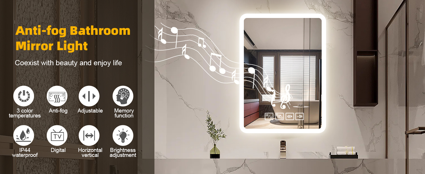 Дзеркало для ванної кімнати з підсвічуванням 50x70 см з Bluetooth, годинником, функцією проти запотівання та сенсорним вимикачем, 3 кольори світла, регулювання яскравості