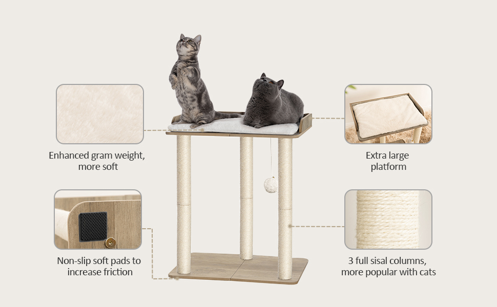 Когтеточка для котів FourFurPets, 68 см, три стовпи з цільного сизалю 60 см, платформи 56×40 см, вінтажно-коричнева, грейж