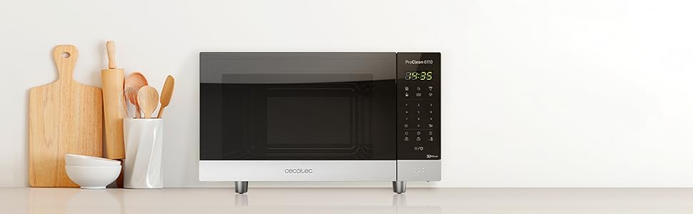 Мікрохвильова піч Cecotec Pro Clean 6110: 23 л, 800 Вт, гриль 1000 Вт, покриття Ready 2 Clean, LED, нержавіюча сталь, чорно-срібний колір