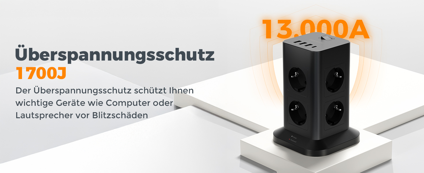 Багатофункціональна мережева розетка TESSAN з 8 розеток, 2 USB-C, захистом від перенапруги, вимикачем та кабелем 2м (3600W)