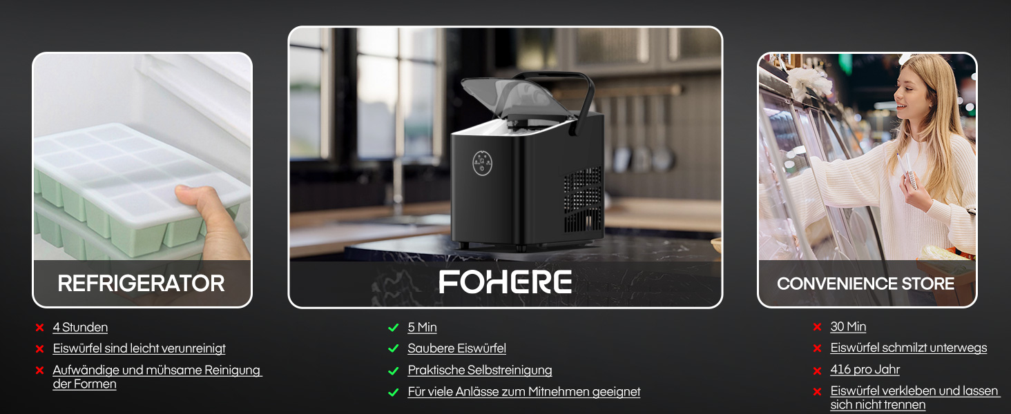 Машина для приготування льоду FOHERE 14 кг, 24 години, чорна. Виготовляє 8 кубиків за 6 хвилин, 2 розміри кубиків льоду, самоочищення, з ручкою, лопаткою та кошиком. Ідеально для вечірок, офісу, кемпінгу.