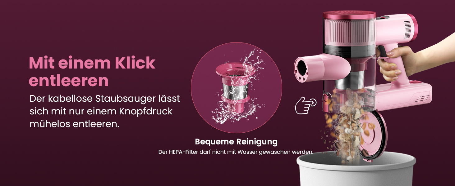 Бездротовий пилосос Dzaki 50000Pa з акумулятором, дисплеєм, функцією паркування та насадкою Anti-Tangle для килимів, твердих поверхонь, шерсті тварин та авто (помаранчево-рожевий)