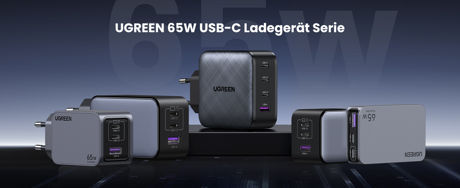 Зарядний пристрій UGREEN 65W USB-C GaN PD з 4 портами для MacBook, iPhone, iPad, Samsung