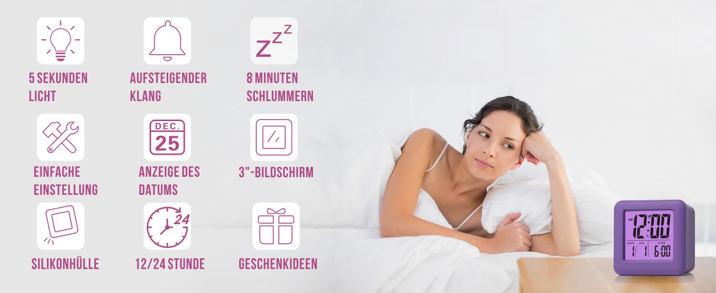 Цифровий туристичний годинник Plumeet з будильником, сонливим режимом, нічним світлом, великим дисплеєм (час, місяць, дата, будильник), м'яким звуком (фіолетовий)