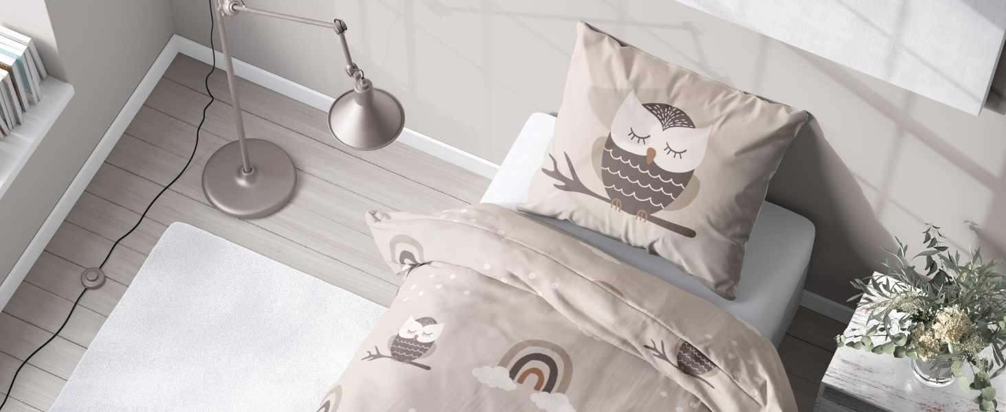 Дитяча постільна білизна 135x200/80x80, Райдуга, Сова та лісові тварини - преміум якість, приємна до шкіри - для дівчаток та хлопчиків - 100% бавовна (Сова), комплект постільної білизни Сова
