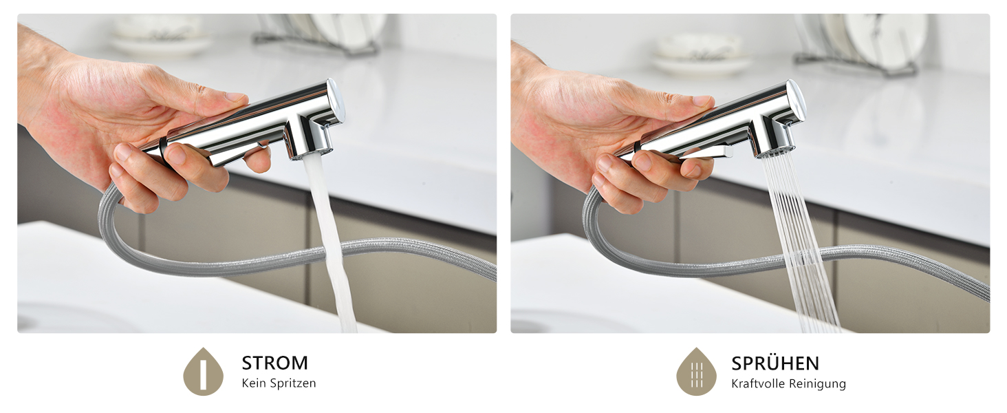 Змішувач кухонний DAYONE з висувною лійкою, нержавіюча сталь, 3 режими, 360° обертання, для кухонної мийки (15 см), матовий (хром, низький вигин-337)