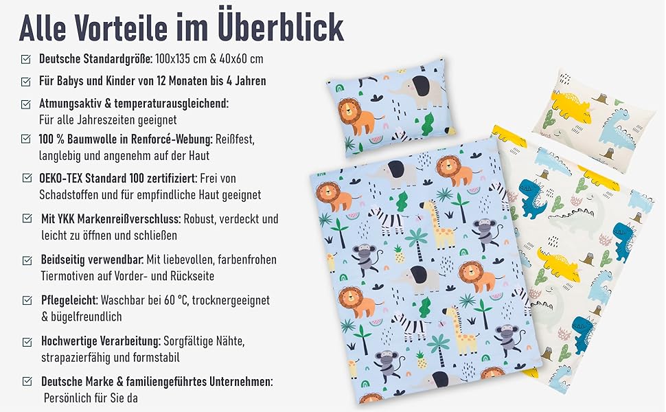 Комплект постільної білизни для дитячого ліжечка Kinder з 100% бавовни (100x135 см) з тваринами. Підходить для хлопчиків, легко періть при 60°C. Включає постільну білизну та подушку (40x60 см).