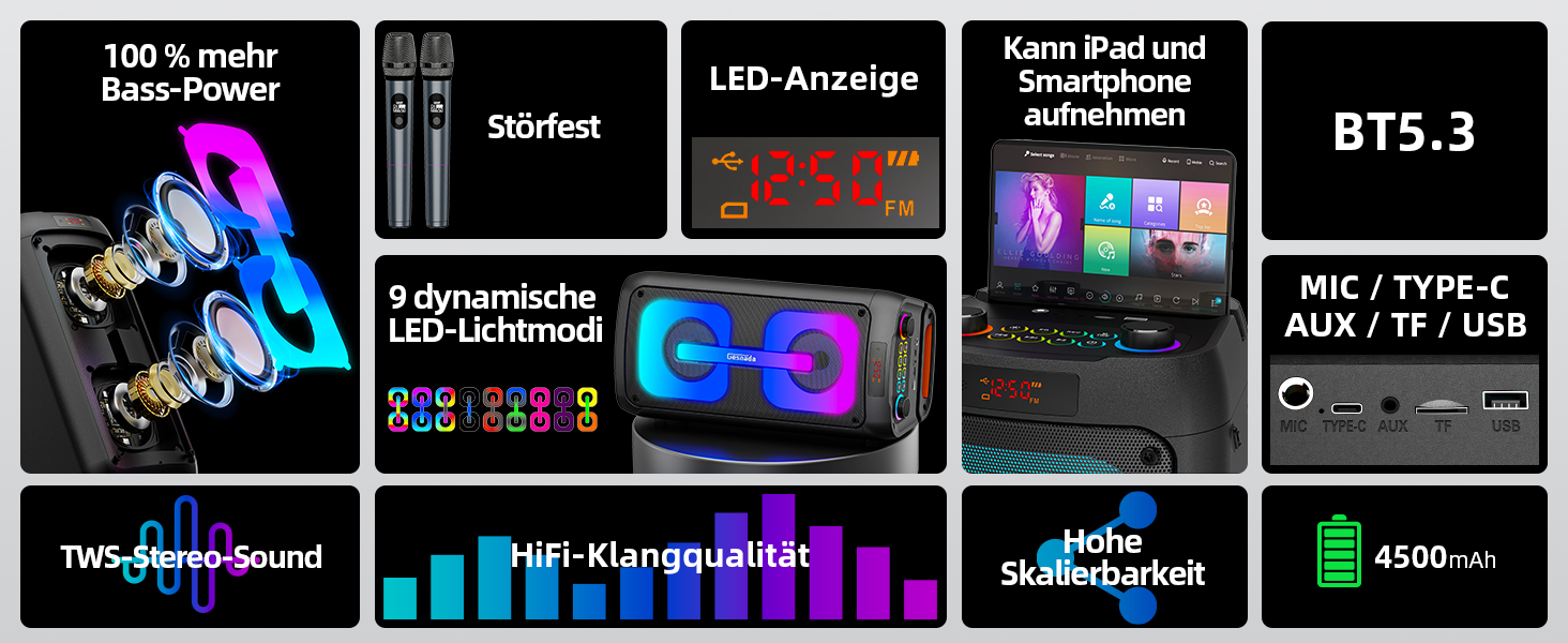 Портативна караоке-машина з 2 мікрофонами та LED-підсвіткою, Bluetooth, PA-система, для дому та вечірок, чорна