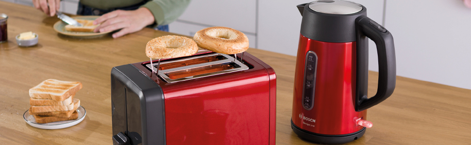 Електричний чайник Bosch DesignLine TWK4P434, 1.7 л, червоний: без розбризкування, індикатор рівня води, захист від перегріву