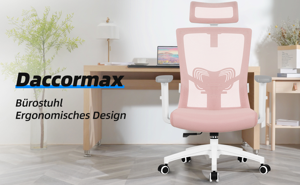 Ергономічне крісло Daccormax для офісу: регульована спинка, підголівник, підлокітники, витривале до 150 кг (Рожевий)