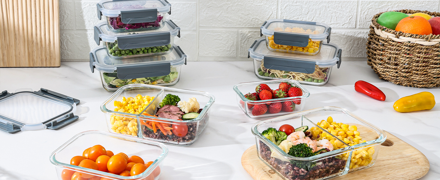 Набір контейнерів для їжі Vtopmart 15 шт. зі скла з кришкою, для зберігання, мікрохвильовки, морозильника та посудомийної машини
