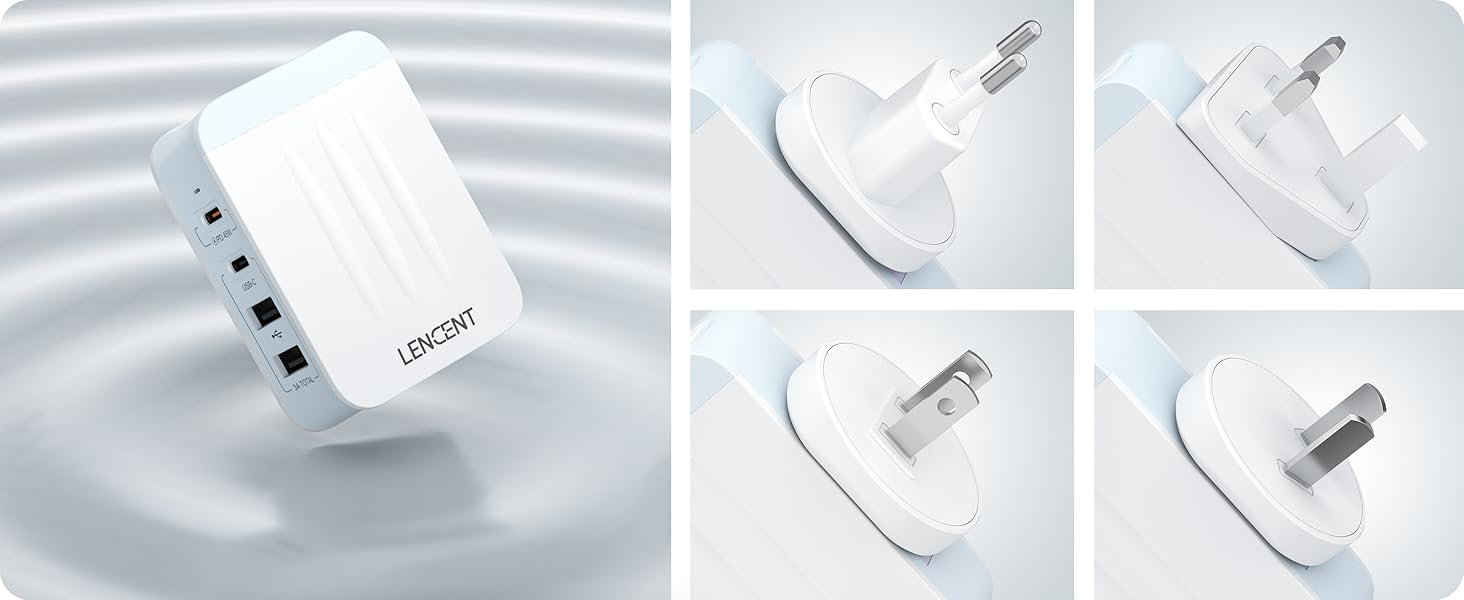 Універсальний адаптер LENCENT з USB зарядкою 45W, 4 порти (2x USB-A, 2x USB-C) - EU/US/UK/AU