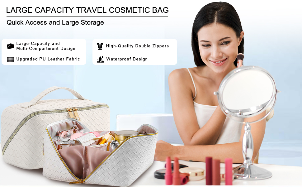 Косметичка для подорожей жіноча з великим відділенням, водонепроникна, з перегородками, органайзер (кремовий персиковий, чорний)