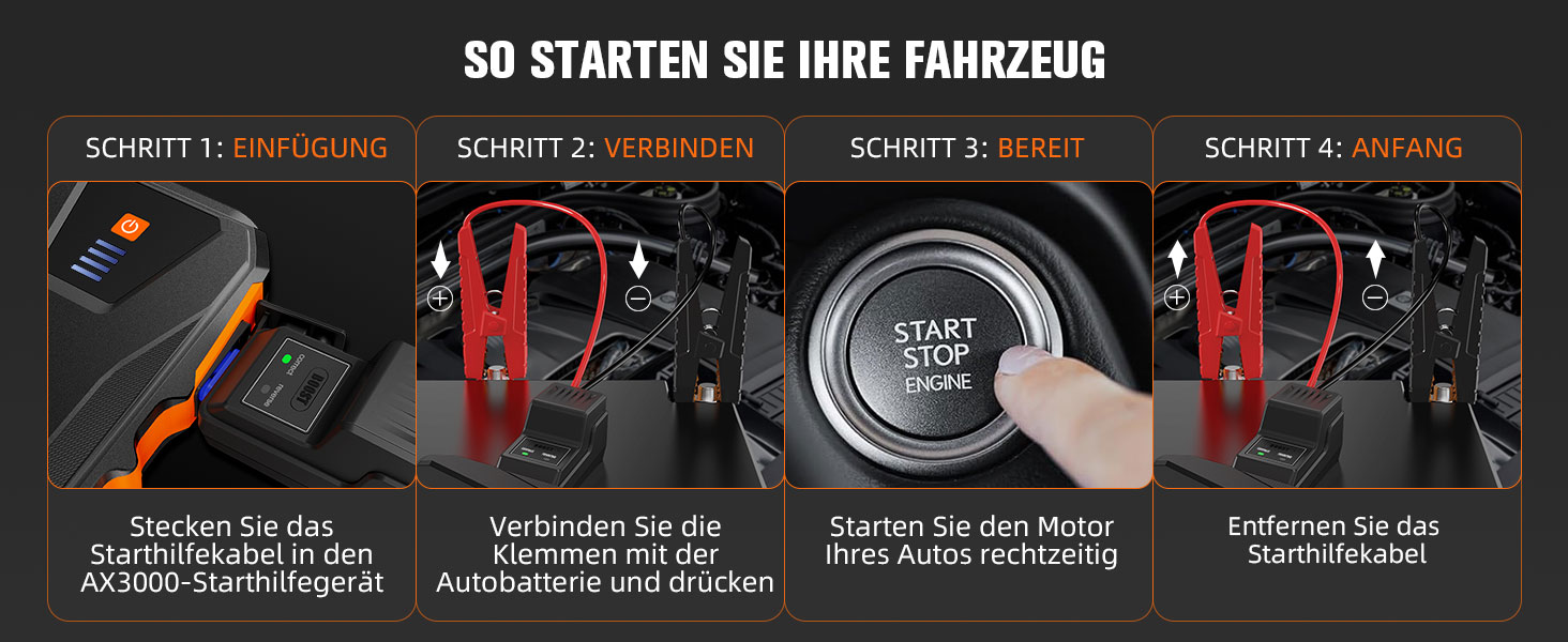 Powerbank Starthilfe AsperX 3000A: Зарядний пристрій для автомобіля 12V з кабелями, LED ліхтариком, IP64, для авто, вантажівок, мотоциклів