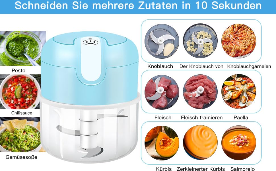 Електричний міні-подрібнювач EASYSPEED Zerkleinerer: 250 мл, для м'яса, овочів, дитячого харчування, кемпінгу (блакитний)