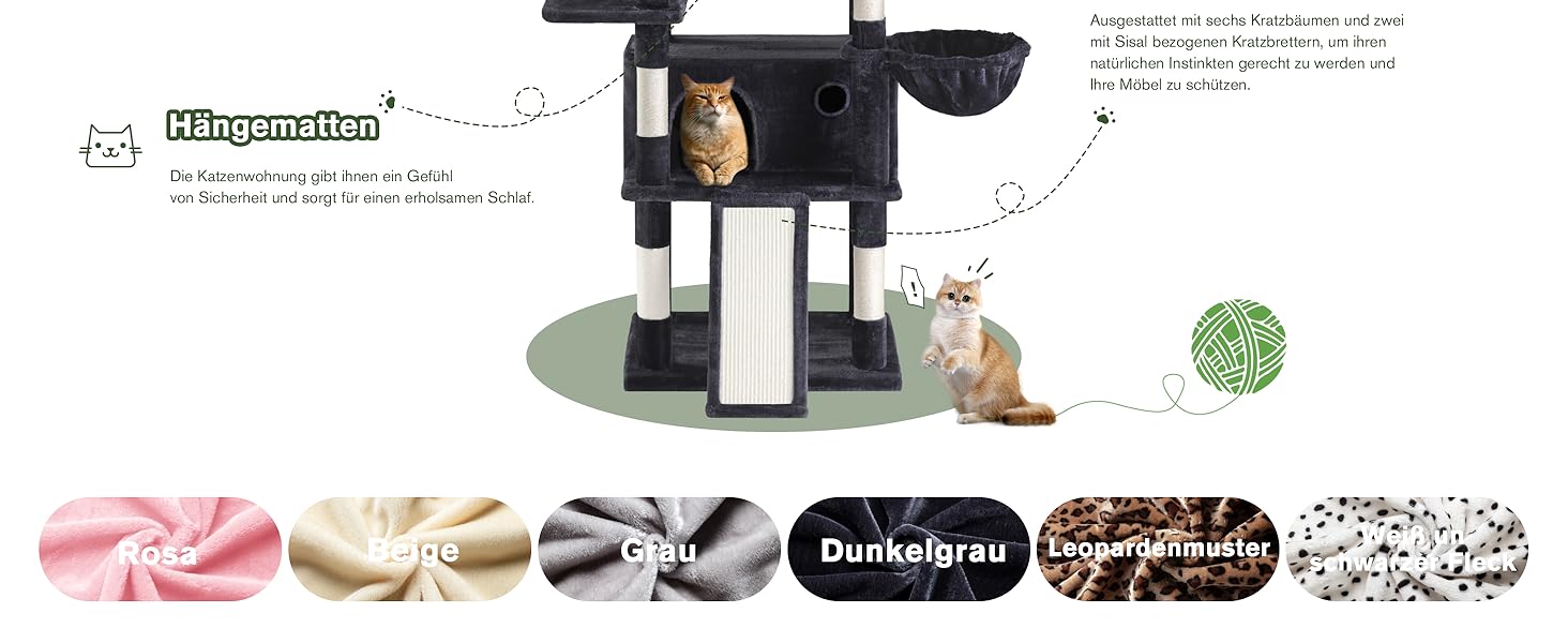 Кігтеточка MUTICOR велика, 206 см, багатоповерхова, велике будиночок для котів/кігтеточка для квартирних котів, плюшеві лежанки, гамак-корзина, широка база (темно-сірий)