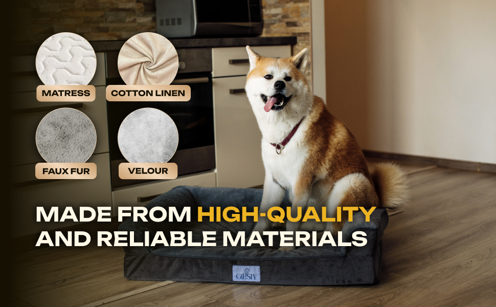 Ортопедичне ліжко для собак великих порід, диванчик для собак з високим бортиком, ліжко для домашніх тварин, собаче ліжко-софа, бавовняне льон та штучне хутро (Сірий, L(90 * 68 * 20 см))