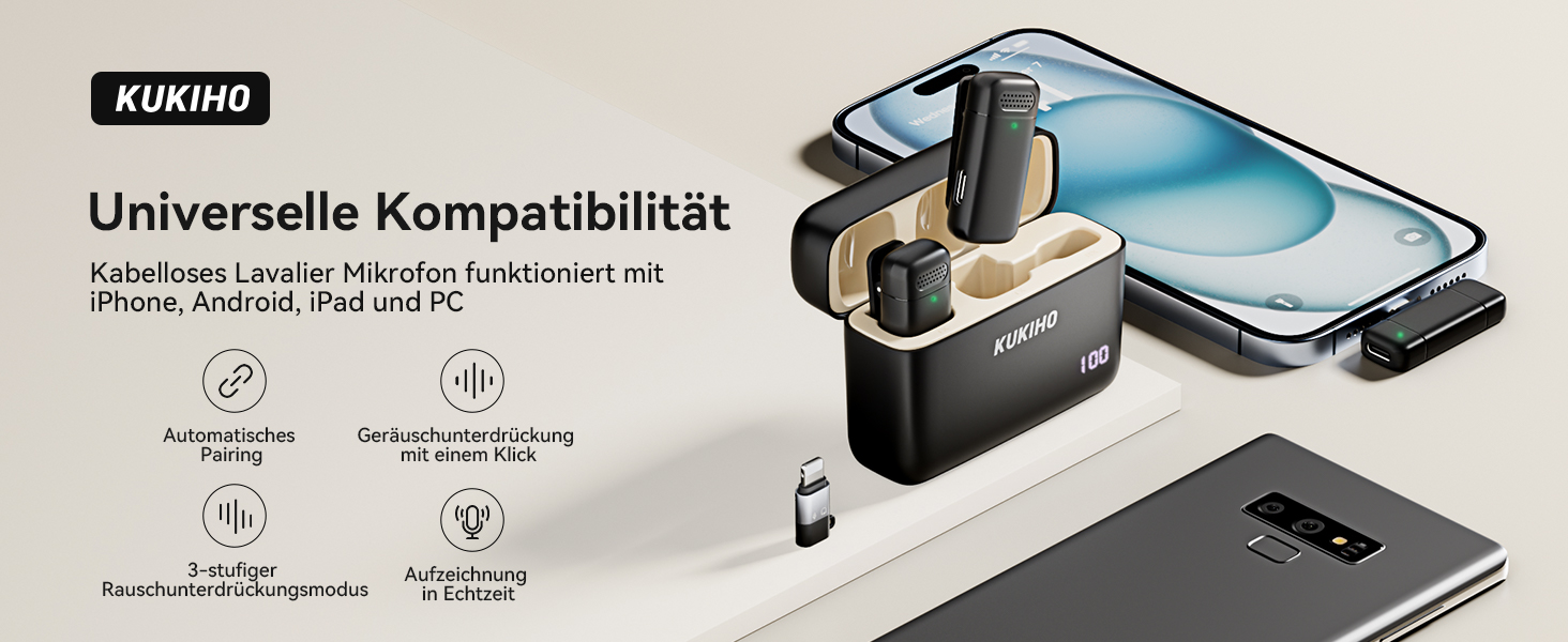 Бездротовий петличний мікрофон з зарядним кейсом, 36 годин роботи, шумозаглушення, 40 м радіус дії, Plug-and-Play для iPhone/iPad/Android/PC, YouTube, Vlog, Live-Streaming, чорний