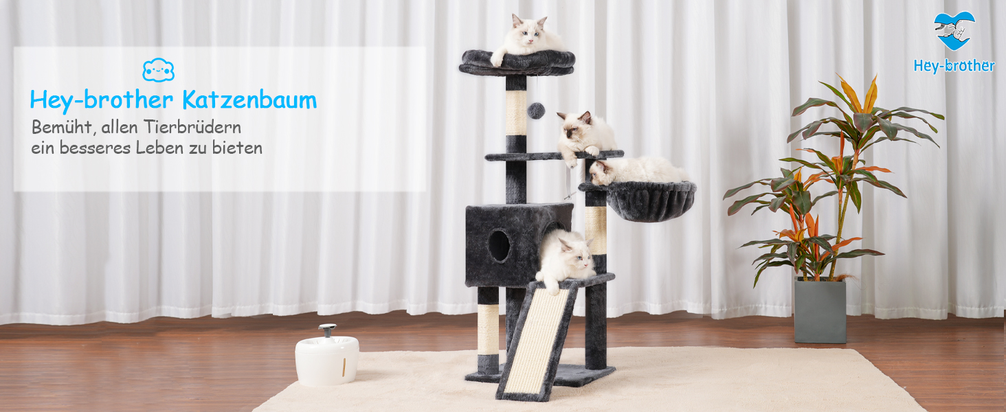 Котячий будиночок Hey-brother Kratzbaum 108 см, багатоярусний котячий комплекс з когтеточками, рампою, кошиком, будиночком та іграшкою-помпоном (димно-сірий), MPJ007SW