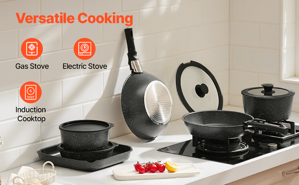 Каструля VEVOR з кришкою (індукційна, антипригарна, чорна, зі знімною ручкою) для кухні кемпера/автобудинку