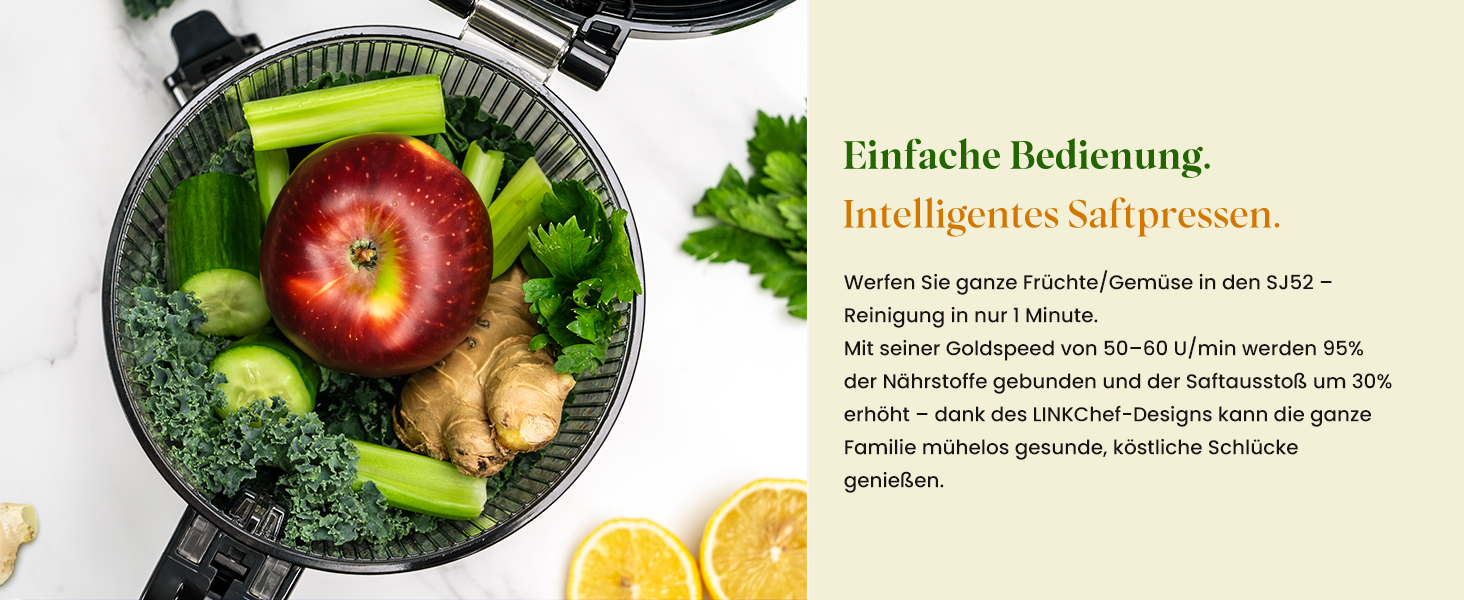 Шнекова соковижималка LINKChef Slow Juicer, 250Вт, для цілих овочів та фруктів, широкий отвір 130мм, чаша 1.8л, з функцією реверсу, без BPA