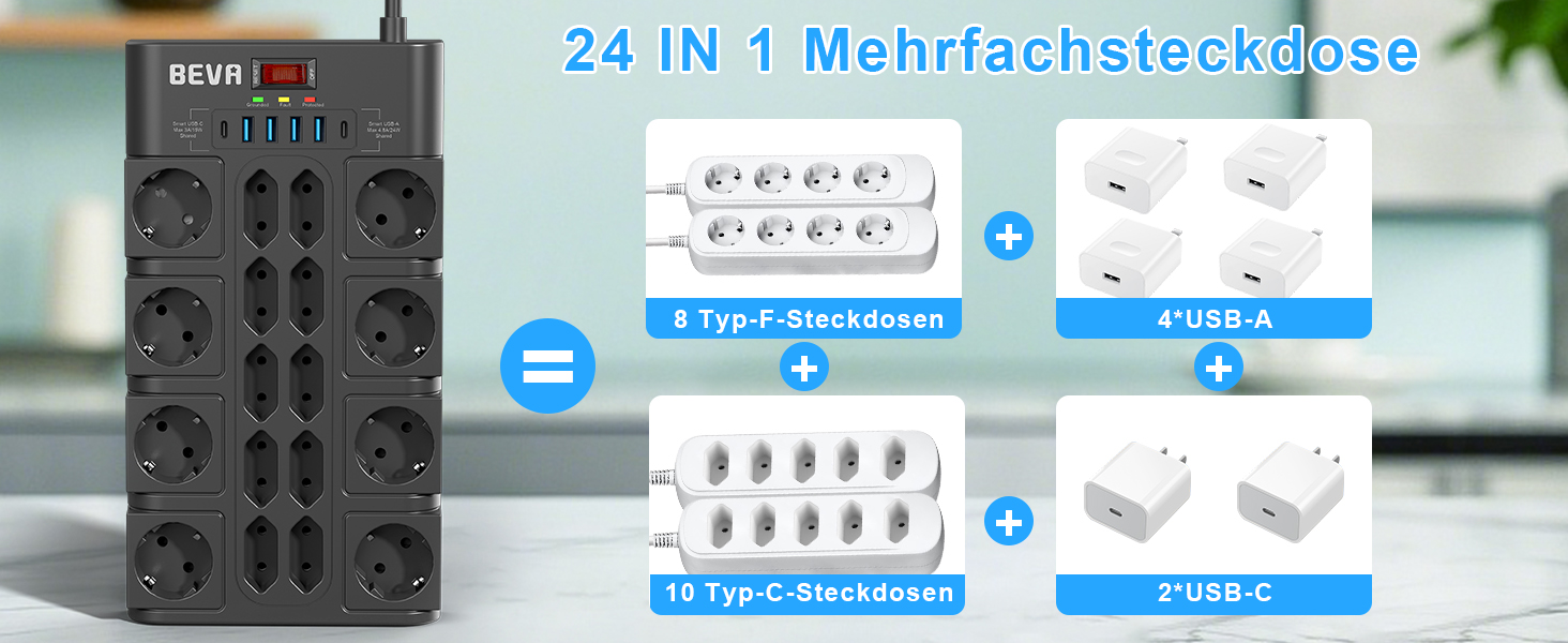 Мережевий фільтр BEVA з 18 розетками, 3680W/16A, захист від перенапруги 2100J, 2 USB-C (15W) + 4 USB-A, з вимикачем, для офісу та дому