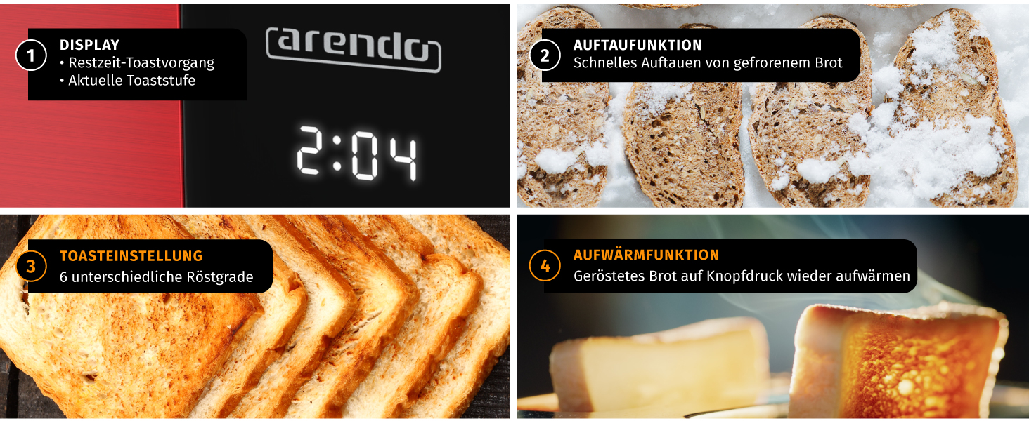 Тостер Arendo з нержавіючої сталі, 2 відділення, сенсорний дисплей, подвійні стінки, 800 Вт, підставка для тостів, 6 рівнів підсмажування, центрування хліба, індикатор часу, функція пам'яті (колір: кармінний)