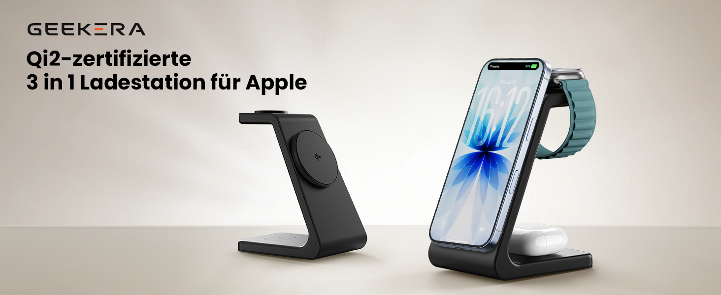 Зарядний пристрій GEEKERA 3 в 1 з підтримкою Qi2, 15W, для iPhone, Apple Watch, AirPods, чорний