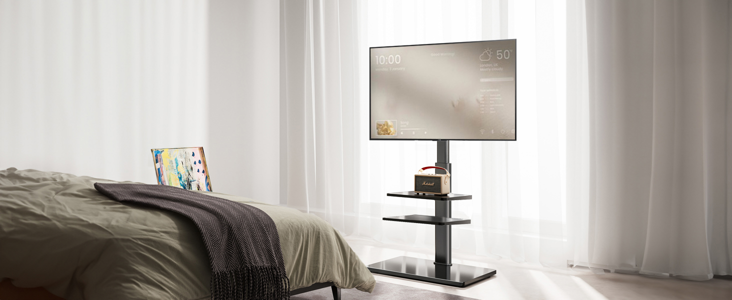 AOKCOS TV Stand for 32-70 inch Flat & Curved TVs - Adjustable Height, Swivel, Tilt, 3-Tier Shelves, VESA 400x400, up to 40kg (White/Black)
