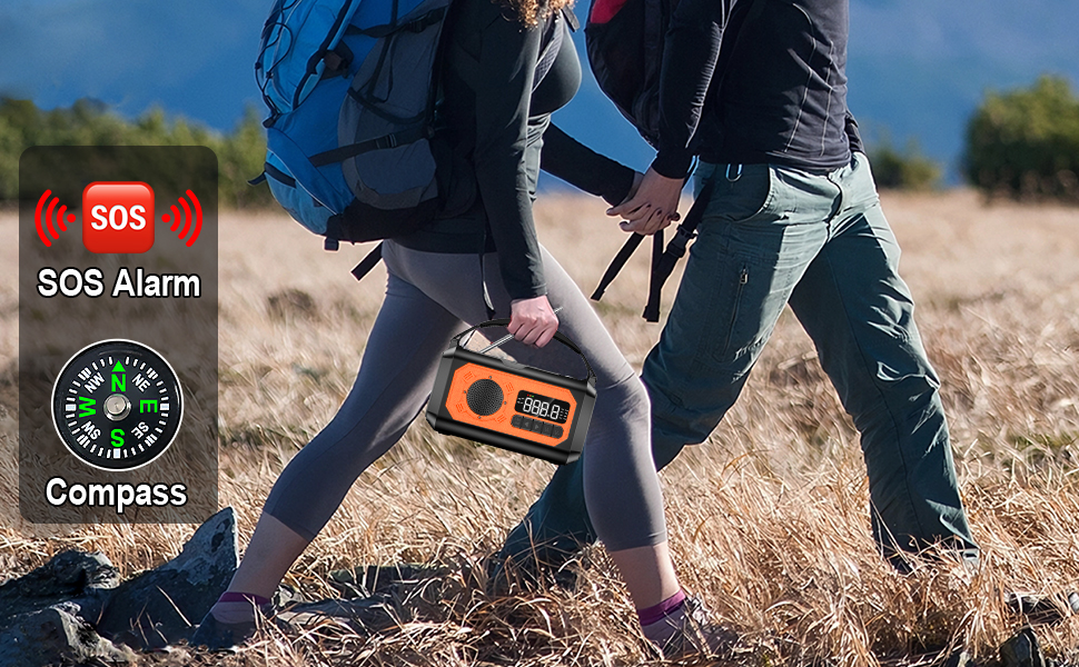 Радіоприймач Kurbelradio на 12000mAh з підзарядкою телефону, сонячне радіо з 2 сонячними панелями, портативне радіо для надзвичайних ситуацій AM/FM з навушником, ліхтарик, компас, SOS-сигнал для кемпінгу та відпочинку на природі, оранжевий