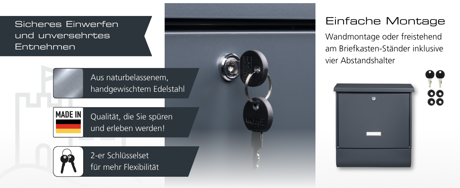 Поштовий ящик Burg-Wächter AMZ 2500 NI антрацит з газетницею та табличкою для імені, формат DIN C4, 2 ключі, нержавіюча сталь
