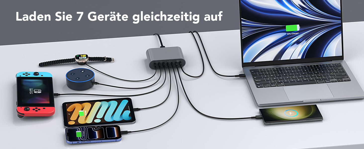 Зарядний пристрій USB-C 185W, мережевий адаптер 7 портів PD3.0 + QC3.0 для MacBook Pro/Air, iPhone 17/16/15 Pro Max, Samsung Galaxy S23/Note20 (Сірий)