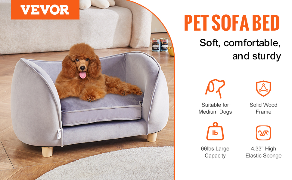 Крісло-лежанка для домашніх тварин VEVOR, лежанка для собак та котів, м'яка велюрова лежанка, витримує до 30 кг, сірий колір, розмір King (британський стандарт)