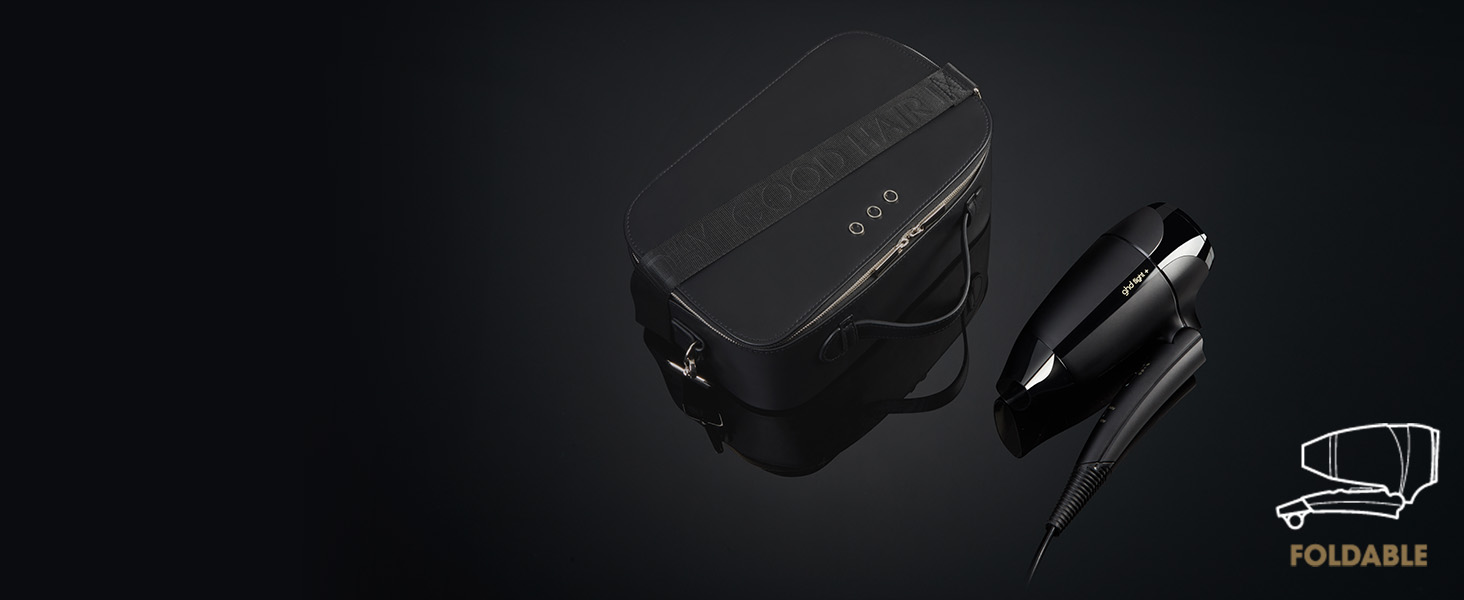 Фен для подорожей ghd Flight+ – Чорний, складаний, потужний, з чохлом, подвійне напруження (120V/240V), для всіх типів волосся. Нова модель
