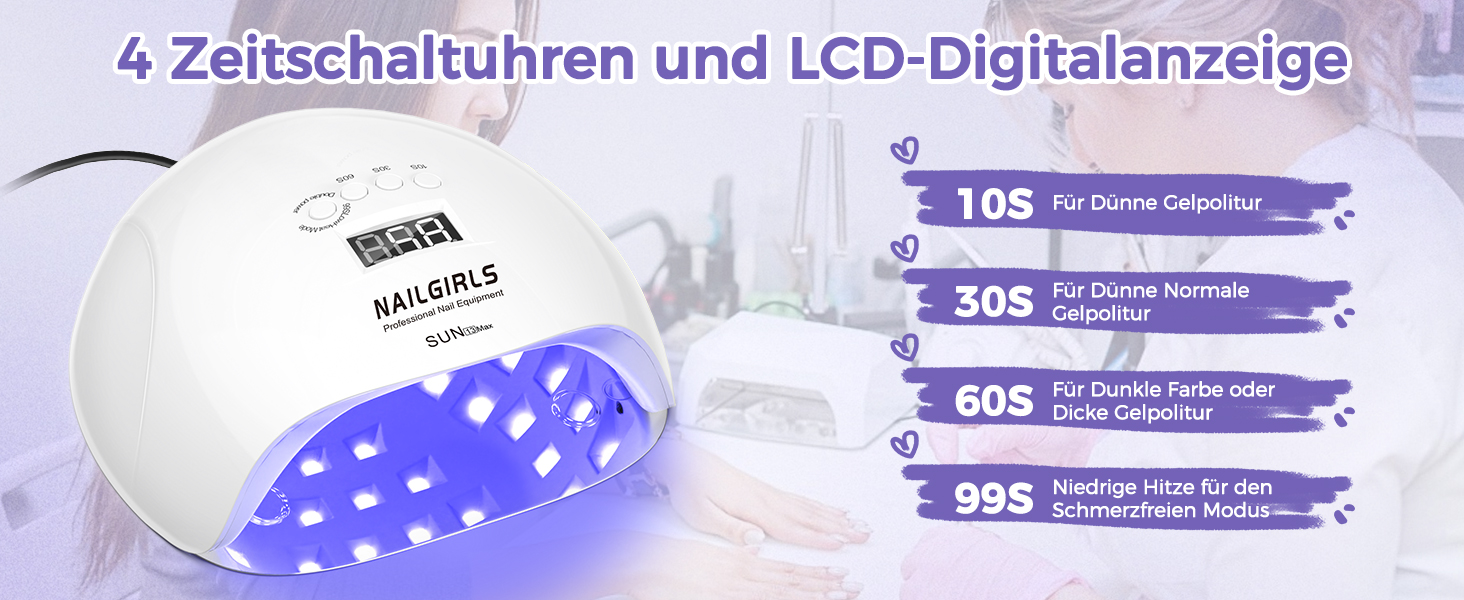 LED UV лампа для нігтів NAILGIRLS 150W з таймером, автосенсором та LCD дисплеєм. Підходить для гель-лаку, пальців та нігтів. Знімний магнітний майданчик.