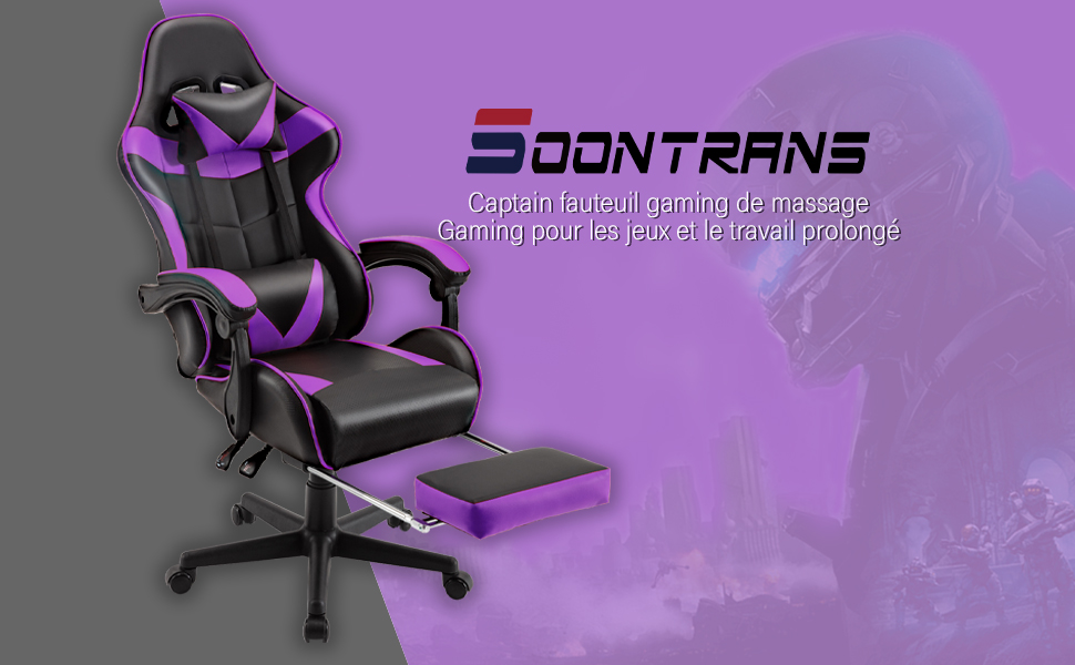 Геймерське крісло Soontrans Massage з підставкою для ніг, подушкою для голови та масажним валиком для попереку, фіолетове. Ергономічне крісло для геймерів, стрімерів Xbox, YouTube