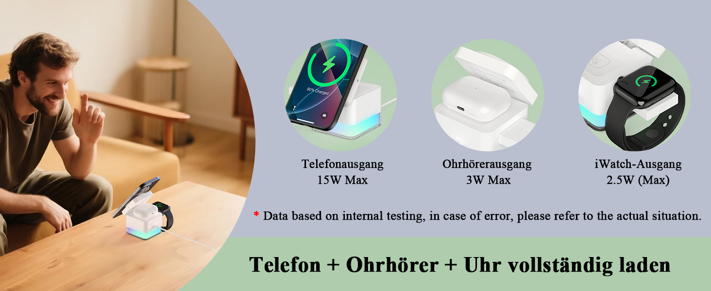 Бездротова зарядна станція 3-в-1 Minthouz Cube, швидка зарядка Qi 15W з багатокольоровою підсвіткою для iPhone 16, 15, 14, 13