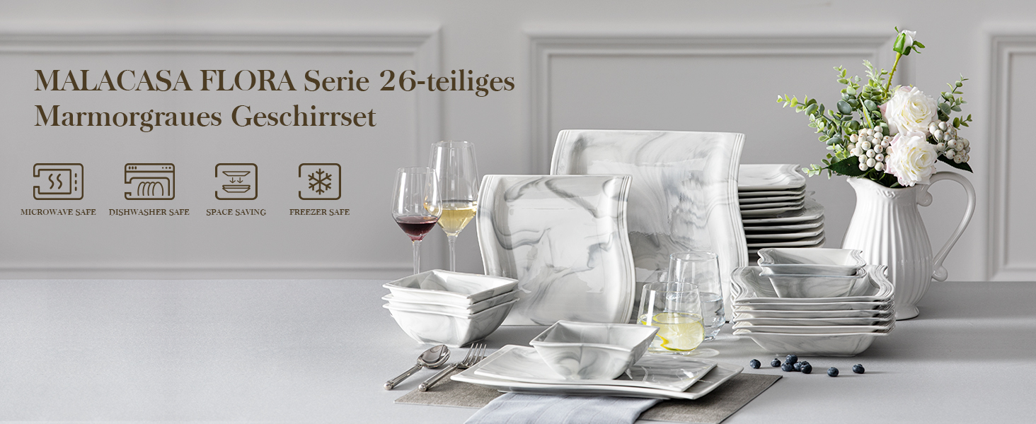 MALACASA Flora Marble Porcelain Dinnerware Set - 30 Piece Service with Coffee Cups, Saucers, Dessert Plates, Soup Plates & Dinner Plates (Gray)