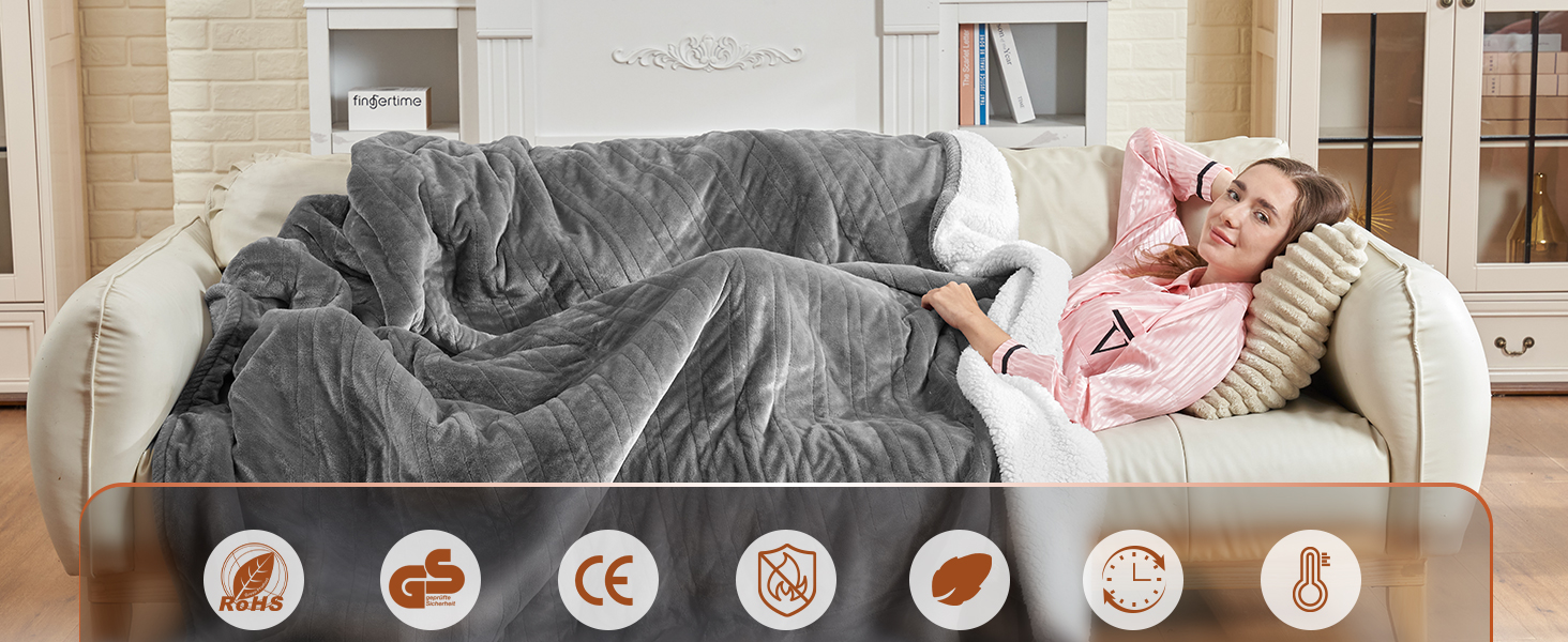 Електрична ковдра JUMMICO Kuschel-Heizdecke 180x130 см, тепла та м'яка - 6 режимів нагріву, таймер 12 годин, пральна, для дивана, ліжка, офісу, сіра