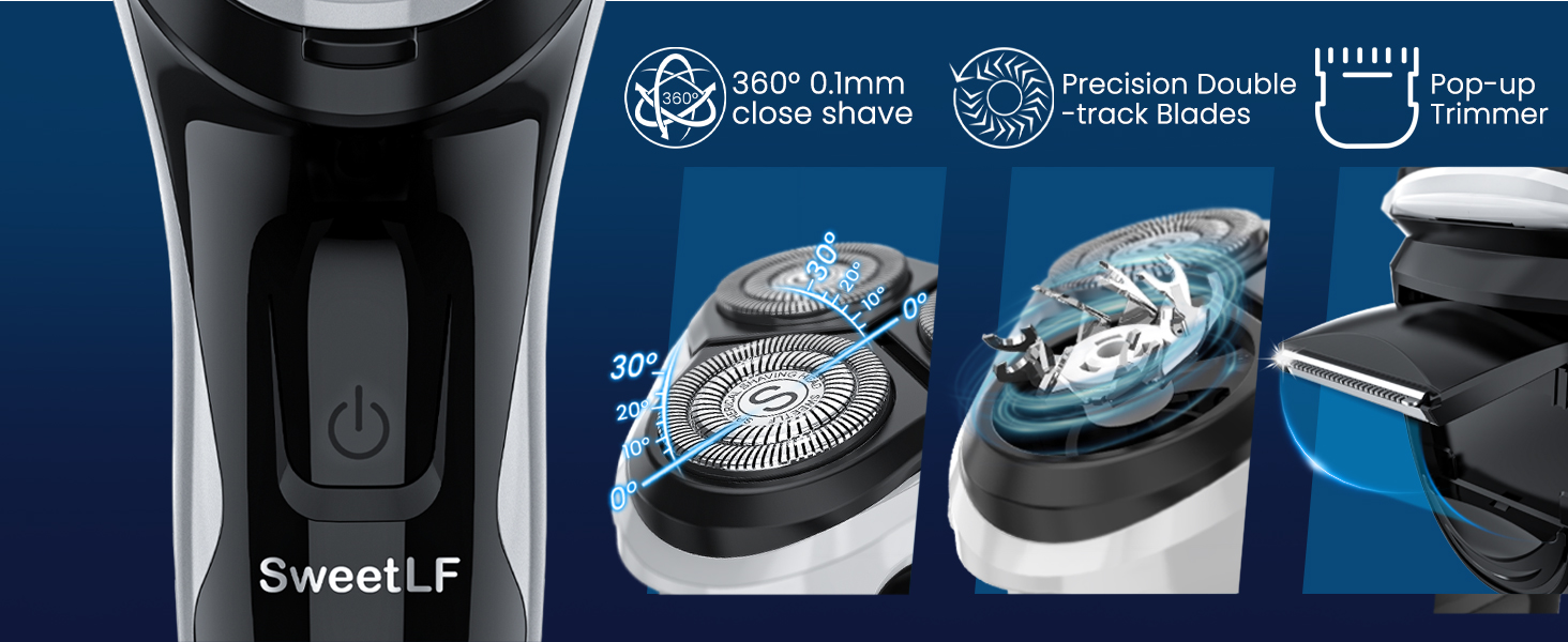 Електричний верстат для гоління SweetLF [2023 Neu] для чоловіків з 3D-головкою, LED-дисплеєм, 3 змінні голівки та зарядним пристроєм. Вологостійкий IPX7, чорний