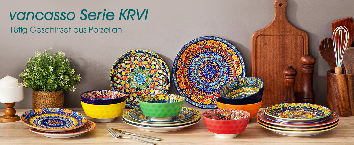 Набір посуду Porzellan vancasso 18 предметів (6 осіб) – тарілки, десертні тарілки, миски, серія KRVI