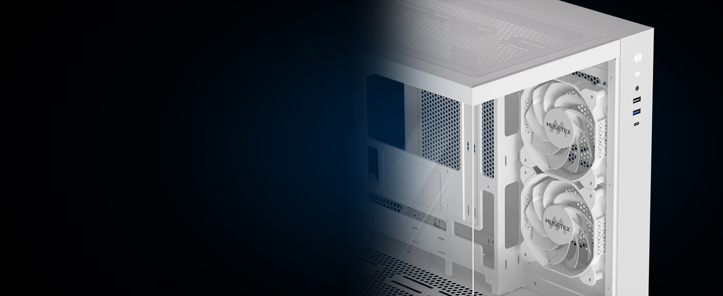 Корпус ПК ATX MUSETEX Y6 з 6 PWM ARGB вентиляторами, підтримка 360мм радіатора, Type-C, скляна панель 270°, білий