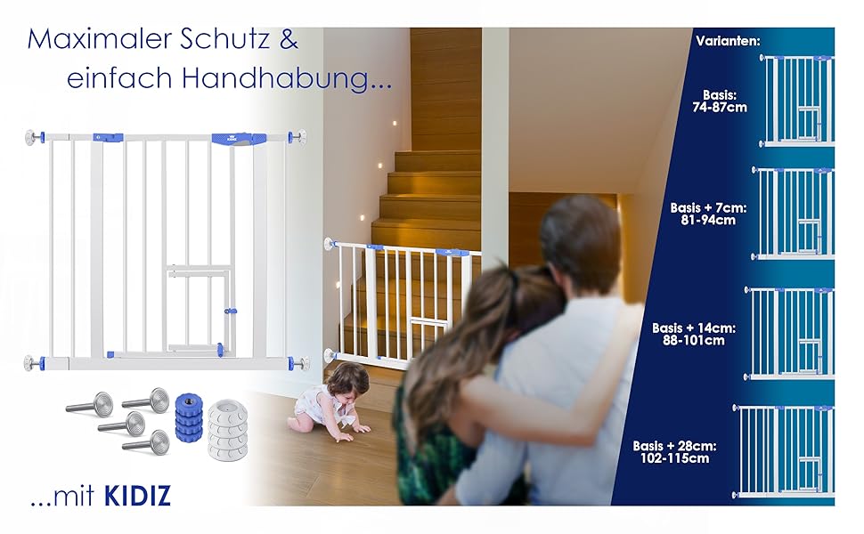 Захисне ворота KIDIZ для дітей з люком для котів, без свердління | Захист від падіння, поворотне, біле | Ширина: 102-115 см, блакитне