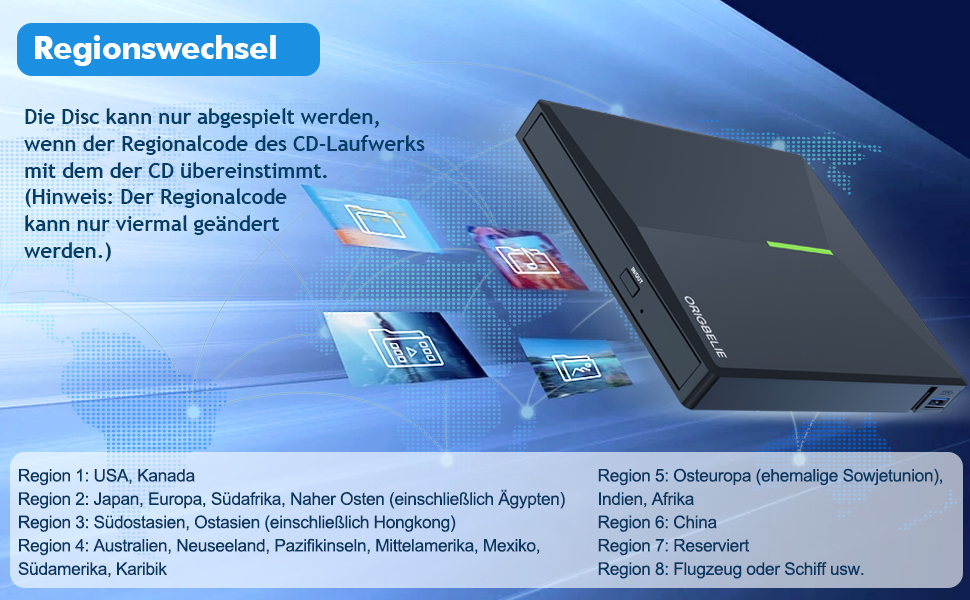 Зовнішній DVD/CD привід ORIGBELIE з 4 USB-портами та 2 слотами для TF/SD карт, USB 3.0, портативний для ноутбука, MacBook, PC (Windows, Linux, Mac OS)