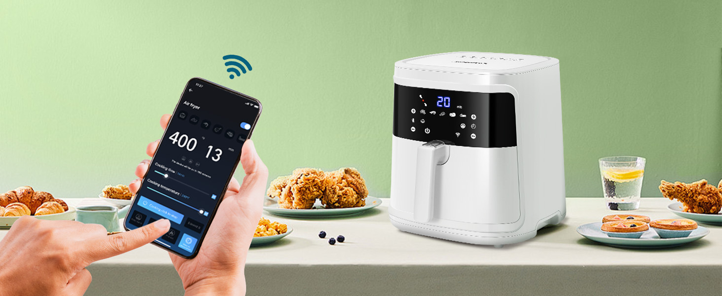 Аерофритюрниця Aigostar 7л з Wi-Fi та керуванням через додаток, 7 програм, LED-дисплей, антипригарний кошик, рецепти, безмасляна, біла