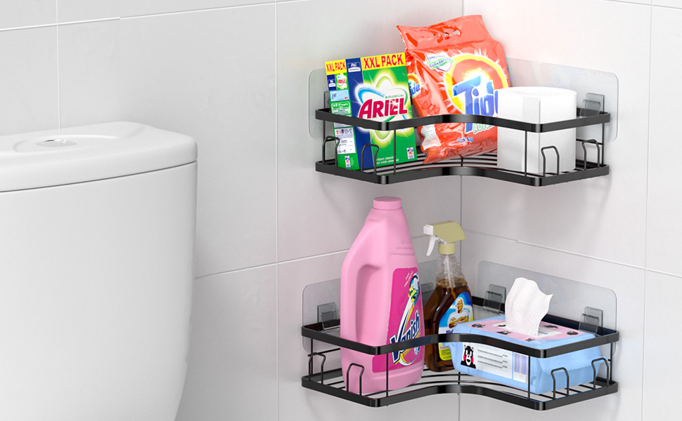 Кутова поличка для душу MOSUO без свердління, 2 шт. з 8 гачками та 6 клеями, нержавіюча сталь, чорний колір, L-1