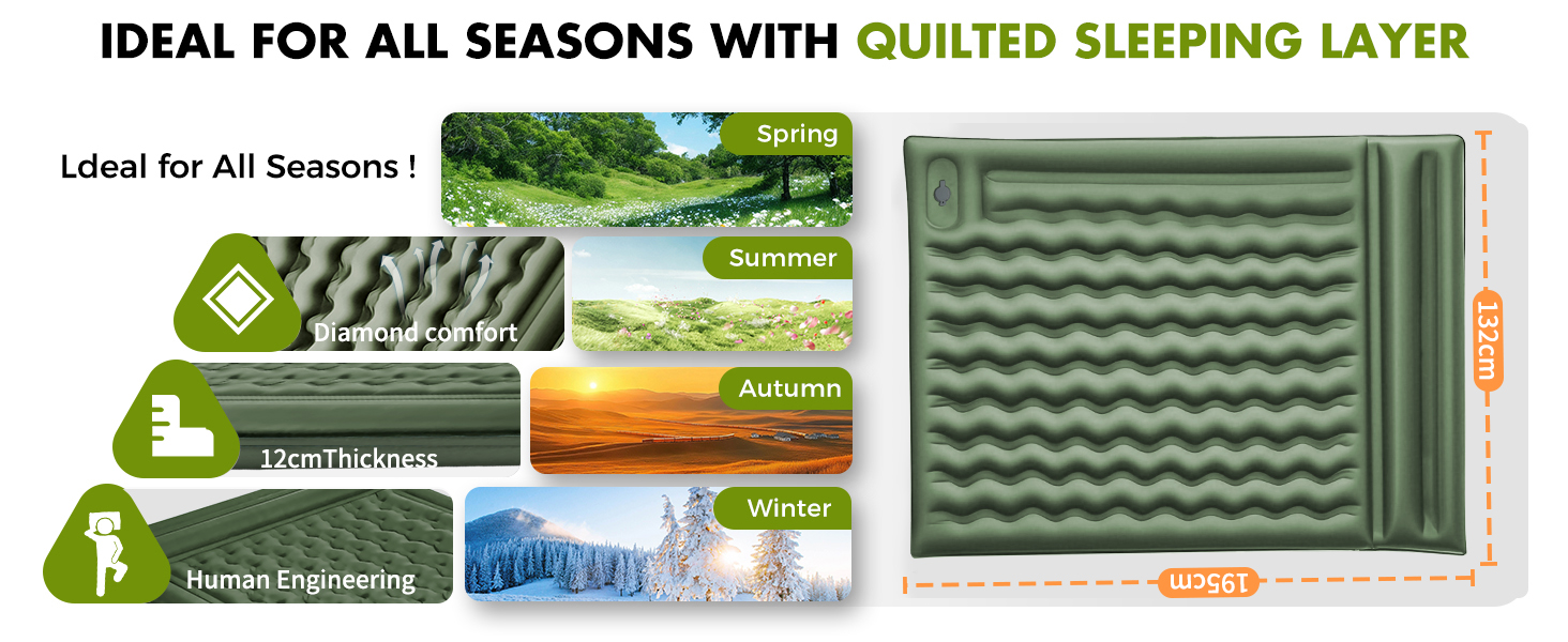 Airminti Self-Inflating Camping Mat - 12cm Thick, Lightweight Air Mattress with Foot Pump & Pillow - Outdoor Sleeping Pad for Camping, Trekking, Beach & Festival - Compact, Army Green (2 Person)